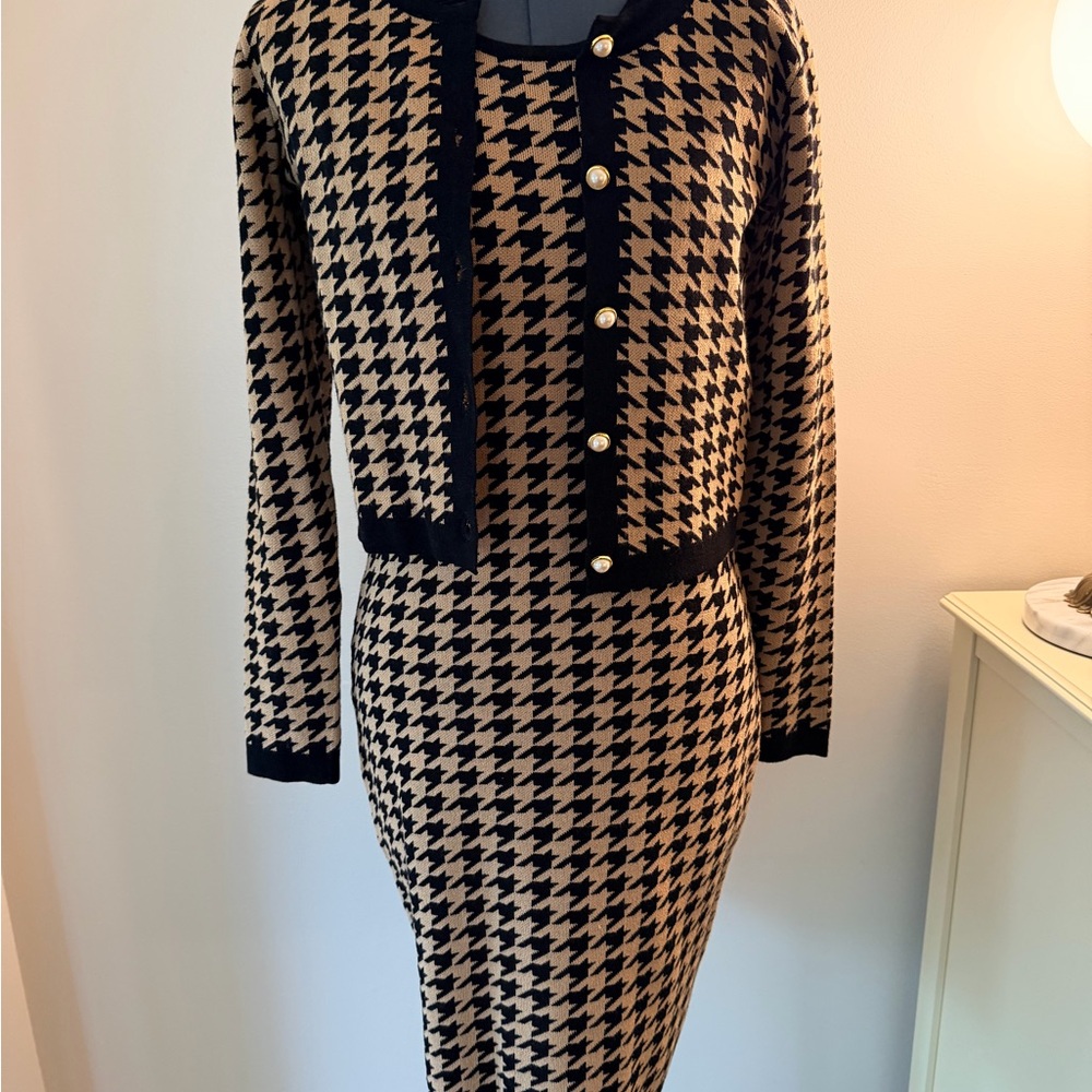Classic Tan and Black Houndstooth Pencil dress with matching sweater